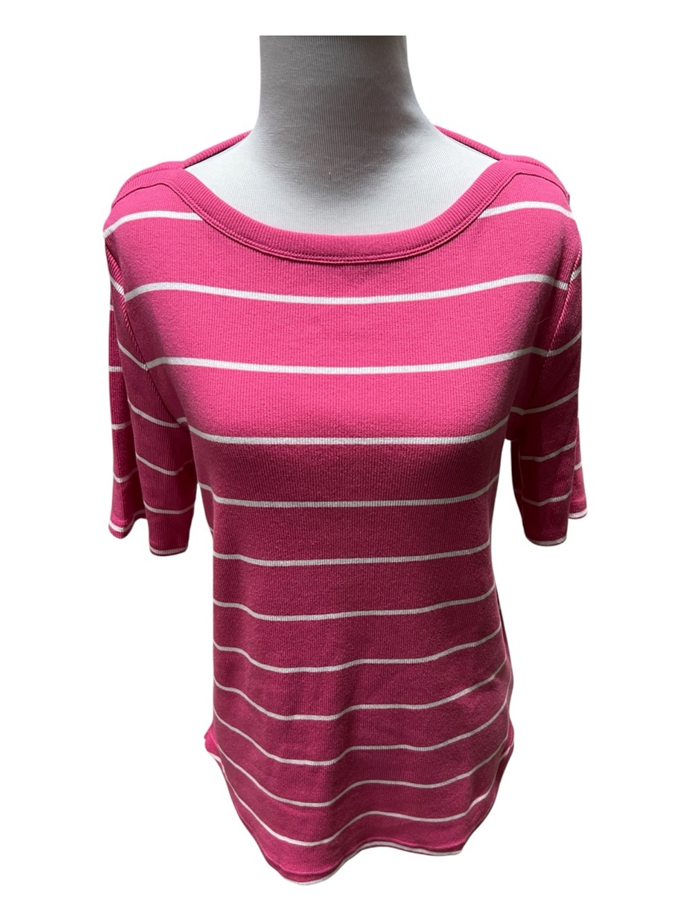 Talbots Ribbed Bateau Neck Tee Lagoon Stripe Elbow Sleeve